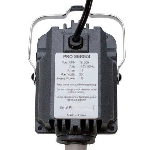 Close-up of motor label for Flexible Shaft Kit With Reversible 1/6HP Motor Up To 18,000 RPM 110V Foot Pedal Control.