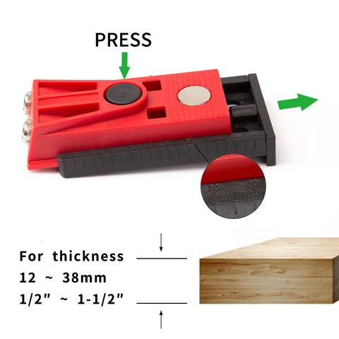 Pocket Hole Jig Set With Two Hole Jig Step Drill Bit Stop Collar Square Drive Bit Hex Key Adjustable And Hands On Easy To Use Joinery Kit For DIY Woodworking Projects Featuring Built In Metric Scale And Magnetic Base For Precise Drilling shown with metric scale detail and thickness guide
