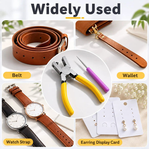 Two Pack 2mm Hole Punch Leather Pliers Set for shoes, straps, and crafts with belts, wallets, watch straps, and earrings.