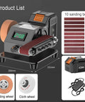Heavy Hustle Desktop Belt Sander And Compact Electric Polisher With Clear LCD Panel showing dimensions, grinding wheel, and 10 sanding belts.