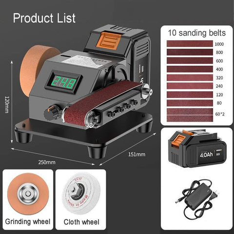 Heavy Hustle Desktop Belt Sander And Compact Electric Polisher With Clear LCD Panel showing dimensions, grinding wheel, and 10 sanding belts.