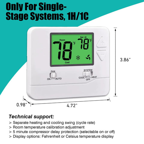 Non Programmable Home Thermostat With Green Backlight For Energy Saving And Digital Temperature Control Ideal For 1 Heat 1 Cool Single Stage Systems Easy No Frills Install On 2 To 5 Wire Bases Works With Gas Oil Electric Furnaces And Air Conditioning displayed showing dimensions