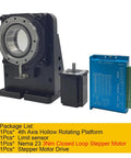 Four Axis Cnc Electric Hollow Rotary Table With Slick Angle Dial And Dead On Accuracy For Heavy Duty Milling Cutting And Visual Inspection 400W Pulse Servo Kit 18 To 1 Gear Ratio with stepper motor and drive.