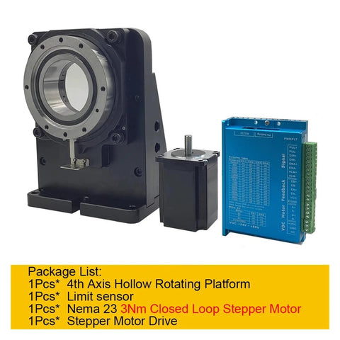 Four Axis Cnc Electric Hollow Rotary Table With Slick Angle Dial And Dead On Accuracy For Heavy Duty Milling Cutting And Visual Inspection 400W Pulse Servo Kit 18 To 1 Gear Ratio with stepper motor and drive.