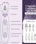 Cordless Electric Foot File For Crusty Thick Toenails And Hard Calluses Packs Eight Swappable Carving Heads Plus Rugged Sanding Collars For No Sweat Salon Ready Pedicure Results, with LED light and varied drill bits.