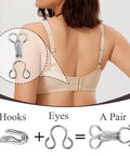 120 Sets Tiny Hooks And Eyes Closures For Sewing with bra clasp example in use, hook and eye detail, black and silver kit