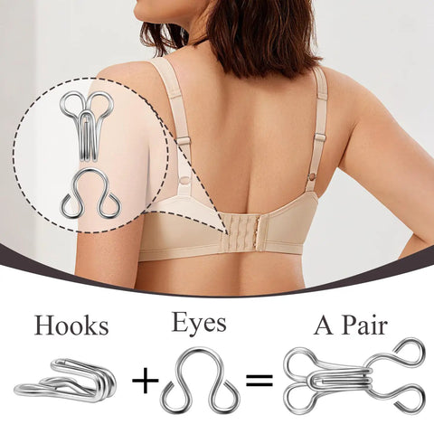 120 Sets Tiny Hooks And Eyes Closures For Sewing with bra clasp example in use, hook and eye detail, black and silver kit