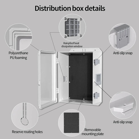 Rugged Outdoor Electrical Junction Box With Waterproof ABS Enclosure open showing internal mounting panel and features like anti-slip snaps.