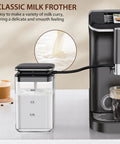 Classic milk frother beside the Straight Up Fully Automatic Espresso Machine With 20 Bar Pressure One Touch Cappuccino and Latte Brewer.