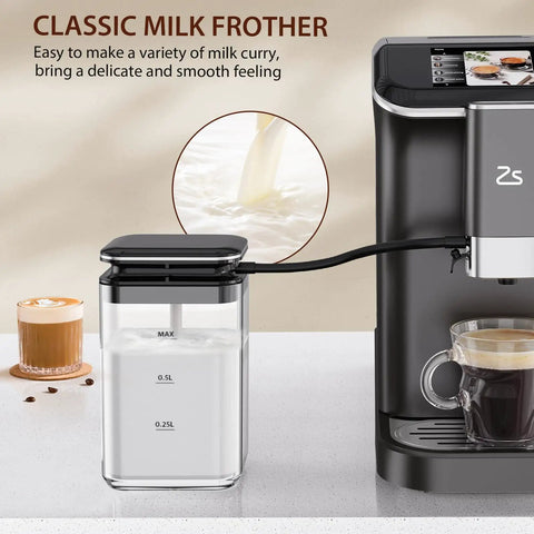 Classic milk frother beside the Straight Up Fully Automatic Espresso Machine With 20 Bar Pressure One Touch Cappuccino and Latte Brewer.