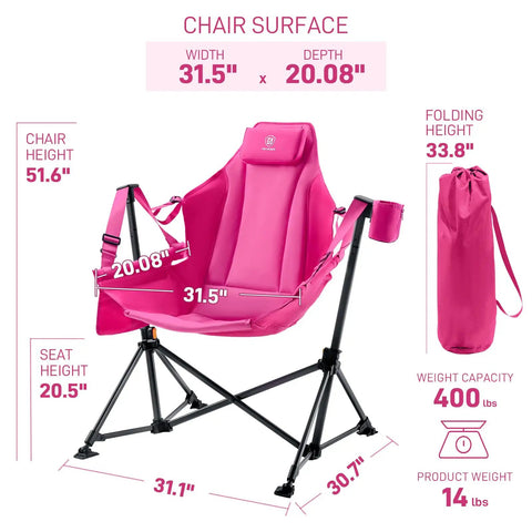 Padded Oversized Hammock Camping Chair With Multi Storage Pockets, Portable Foldable Rocking Swing Chair, Heavy Duty, Pink, Easy Setup