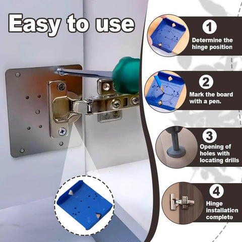 Dual size concealed hinge jig supports 35mm and 40mm hinges, showing installation steps and jig in use on a cabinet door