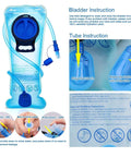 Transparent Purple 20L Hydration Backpack With 2L BPA Free Bladder featuring tube connection, cleaning instructions, and drinking mechanism.