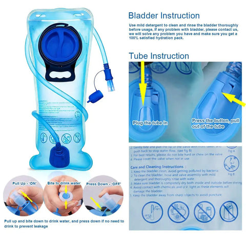 Transparent Purple 20L Hydration Backpack With 2L BPA Free Bladder featuring tube connection, cleaning instructions, and drinking mechanism.
