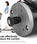 12V 100W High Speed Brushed Electric Scooter Motor Low Noise With Crazy Torque For Scooters And E Bikes Fast Startup Reliable Daily Power Fits 384 Pulley Belt Systems, shown alongside a white electric scooter.