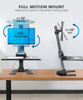 Heavy Duty Electric Standing Desk Converter With Monitor Mount And Wide Keyboard Tray showing full motion mount features like swivel, tilt, and rotation.