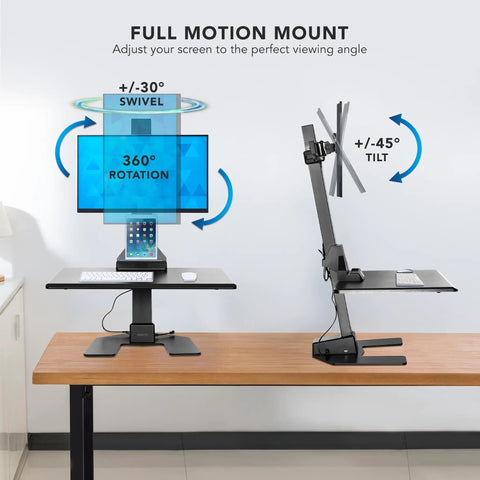 Heavy Duty Electric Standing Desk Converter With Monitor Mount And Wide Keyboard Tray showing full motion mount features like swivel, tilt, and rotation.