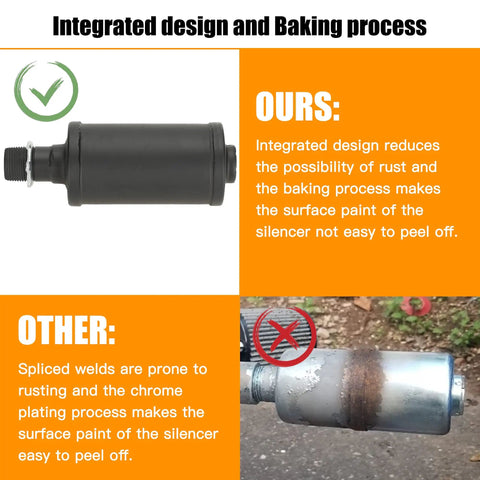 Comparison of integrated black exhaust muffler silencer with rust-resistant design vs spliced rust-prone silencer for Predator engines