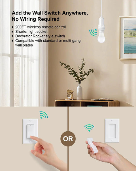 Remote Control Light Bulb Socket Kit With Wireless Wall Switch Plug And Play No Wiring Needed 200 Ft Range E26 E27 Base Decorator Rocker On Off Switch For Pull Chain Lamps And Ceiling Fixtures Includes 1 Wall Switch 2 Sockets shown with wall switch and bulb placement