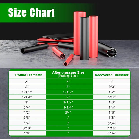 Size chart for Top Shelf 3/8 Inch Adhesive Lined Marine Grade Heat Shrink Tubing with various diameters and recovers.