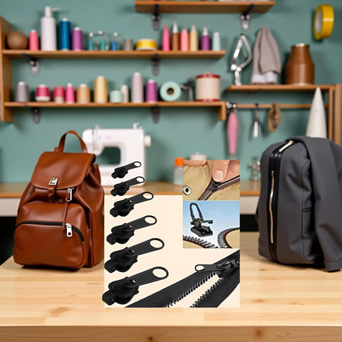 Grab and Go Zipper Repair Kit With Replacement Sliders for Jackets Coats Luggage and More Easy Quick Fix for All Zipper Sizes 6 12 24 Sliders That Fit All Zippers On Clothing Bags Luggage And More For Quick On The Spot Fix displayed on a table.