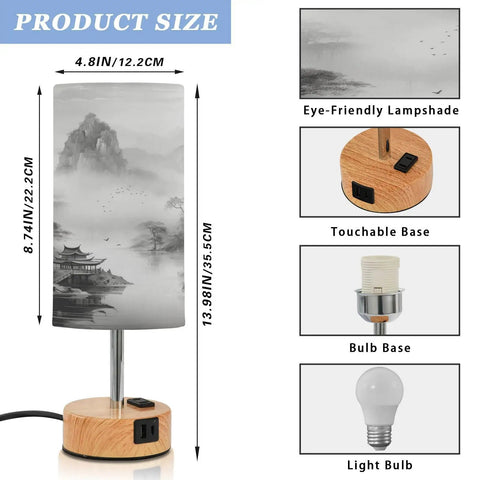 Mountain Watercolor Bedside Table Lamp With 3-Way Dimmable Touch Control And Built-In Charging Station, product features displayed