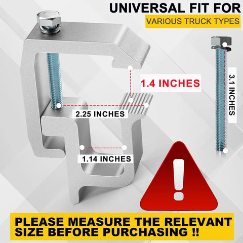Upgraded 8 Pack Truck Topper Clamps Heavy Duty Camper Shell Clamps dimensions and fit guide diagram