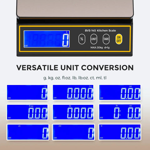 66 Lb Digital Kitchen Scale With Percentage Weighing, 30 Kg Capacity, 1 G Readability, Rechargeable Battery, Big LCD with unit conversion display