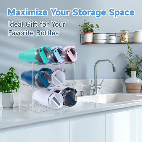 Stackable Water Bottle Organizer For 40 Oz Tumblers With Five Point Five Nine Inch Grid Spacing on kitchen counter