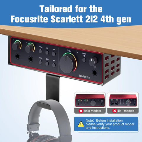 Heavy Duty Under Desk Mount For Scarlett 2i2 4th Gen With Adjustable Headphone Hanger installed, shown with audio interface