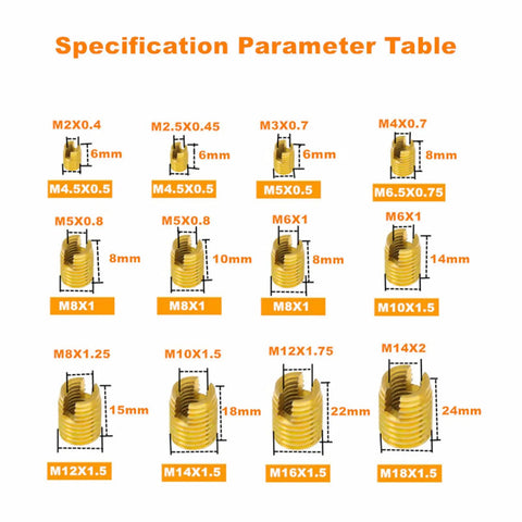102 Piece Self Tapping Thread Insert Kit For M2 To M14 Thread Repair Pro Grade High Carbon Steel Bolt Thread Repair Tool For Damaged Threads In Plastic Copper And Soft Metals Easy To Use Heavy Duty Fix size chart for M2 to M14 inserts