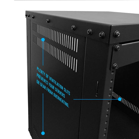12U AV Equipment Rack With 19-Inch Steel Open Frame For Home Studio, showing ventilation slits for cooling.
