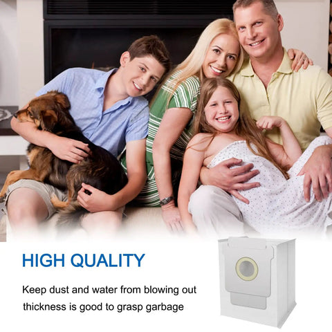 Family with a dog sitting on a sofa, next to an image of a 14 Pack Automatic Dirt Disposal Vacuum Bags for Roomba I Series S Series and J Series Replacement Bags.