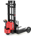 Heavy Duty Electric Pallet Stacker And Badass Off Road Workhorse That Flexes Hard Material Moves On Any Job Site And Cruises Over Uneven Ground Like A Real Champ, red and black design, 3300 lb capacity.