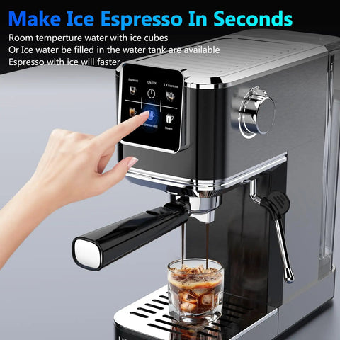 Top Shelf Touchscreen Espresso Machine For Home, Zero Sweat Cold Brew Coffee Maker with a bright color panel brewing iced espresso.