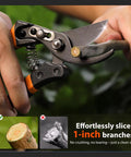 Two Piece Pruning Set With 8.5 Inch Bypass Pruner cutting fresh branch, sharp SK5 steel blades, ergonomic handle