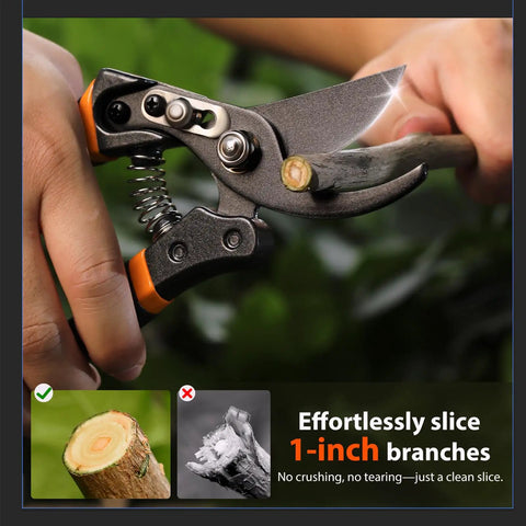 Two Piece Pruning Set With 8.5 Inch Bypass Pruner cutting fresh branch, sharp SK5 steel blades, ergonomic handle