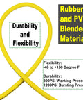 Heavy Duty Hybrid Lead In Air Hose 1/4 Inch By 10 Feet 300 Psi Kink Proof showing yellow rubber and PVC blend flexibility and durability.