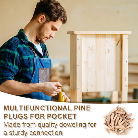 Woodworking scene featuring Top Shelf 80 Piece Wood Pocket Hole Plugs In 4 Assorted Sizes for furniture repairs.