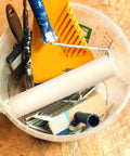6 Piece Wool Paint Roller Covers With 4mm Nap, Compact Wall Painting Supplies, various painting tools in a bucket.
