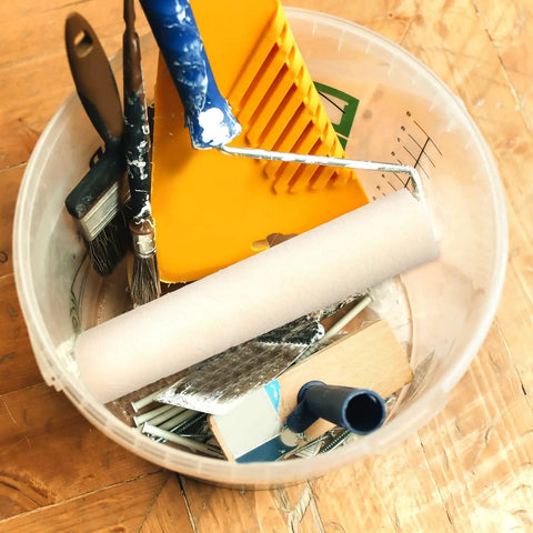 6 Piece Wool Paint Roller Covers With 4mm Nap, Compact Wall Painting Supplies, various painting tools in a bucket.