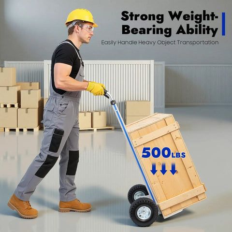 Aluminum Hand Truck Dolly With 9.84 Inch Pneumatic Tires Heavy Duty 500 Lb Capacity Platform Cart For Transport And Moving In Warehouse Home Or Supermarket Easy Glide No Sweat Appliances Furniture Boxes, worker moving crate