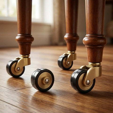 Solid Brass Furniture Casters, Hella Heavy Duty Smooth Rolling Wheels With Threaded Stems on wooden furniture legs.