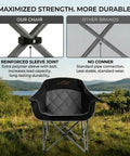 Comparison of chair joint types and Two Pack Oversized Padded Camping Chair Heavy Duty Quad Fold Arm Chair Portable For Outdoor Use Supports Up To 500 Lbs With Diamond Quilted Cushion For Beastly Comfort Black in the foreground