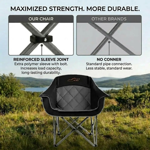 Comparison of chair joint types and Two Pack Oversized Padded Camping Chair Heavy Duty Quad Fold Arm Chair Portable For Outdoor Use Supports Up To 500 Lbs With Diamond Quilted Cushion For Beastly Comfort Black in the foreground