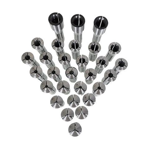 Steel Collet Set for Milling Machines R8 to 1 Inch, 29 Piece Kit with Laser Etched Sizes arranged in fan shape