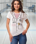 Model wearing Funny Doctor Lab Coat Costume For Halloween Party Unisex Medical T Shirt White Lookalike Scrubs Tee with pink accents.