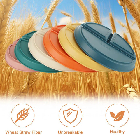 12 Pack Portion Control Divided Plates For Adults, 9 Inch Unbreakable Dinner Plates, six color options displayed on wheat backdrop.