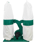 Intsuprmii Dual Bag Dust Collector For Woodworking, 2300Cfm Industrial Dust Collection System With 81 Gallon Canister side view, two large white bags, green frame.