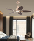 Ceiling Fan with Light 45W Wireless Remote 5 Blades Iron Indoor Mount in modern bedroom with wooden decor and large windows.